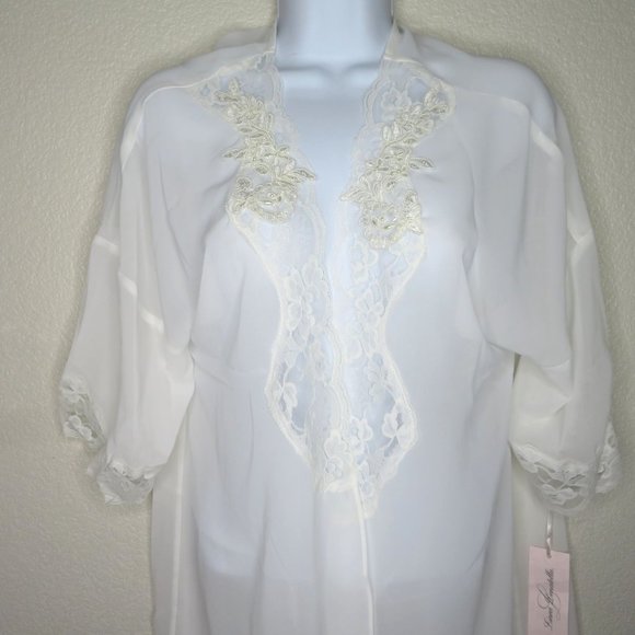 Linea Donatella Sheer Chiffon Open Front Robe S/M White Lace Pearls Knee Length - Picture 7 of 16
